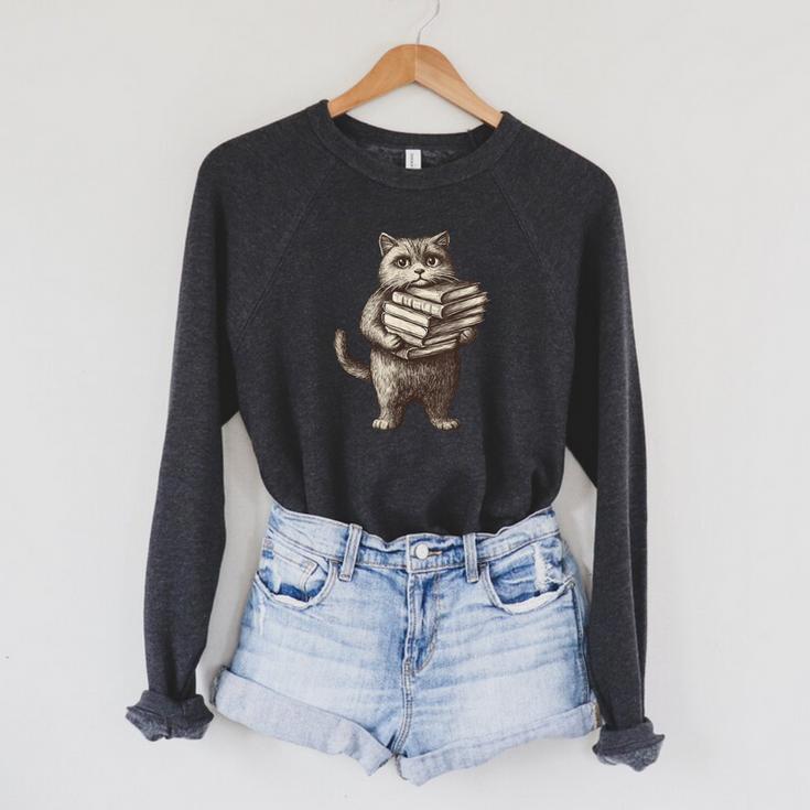 Cat Book Lover Reading Men Women Kids Raglan Sleeve Sweatshirt