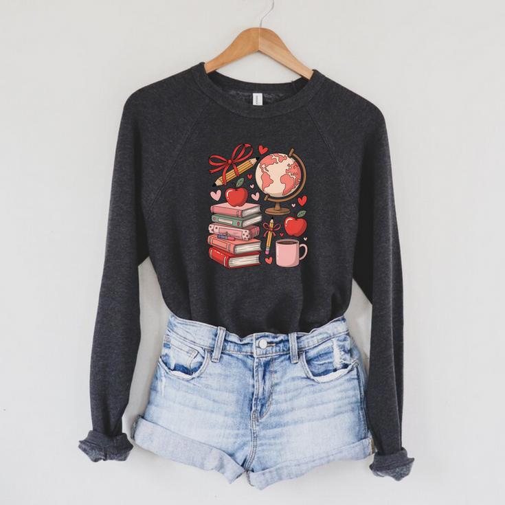 Coquette Teacher School Supplies Bows Books Globe Apple Cute Raglan Sleeve Sweatshirt