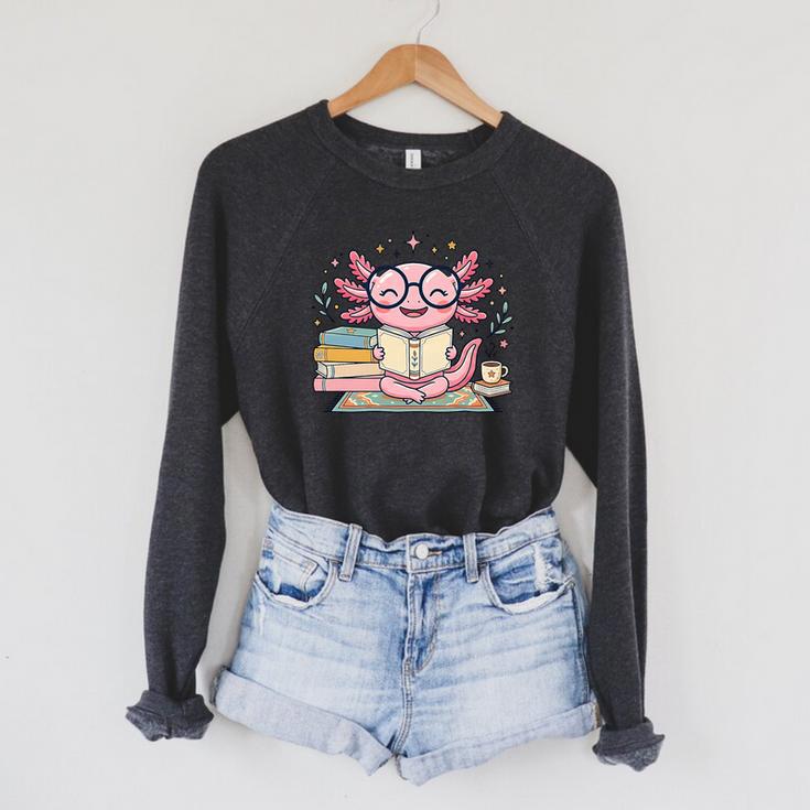 Cute Axolotl Reading Books Cozy Bookworm Fantasy Art Premium Tri-Blend Raglan Sleeve Sweatshirt
