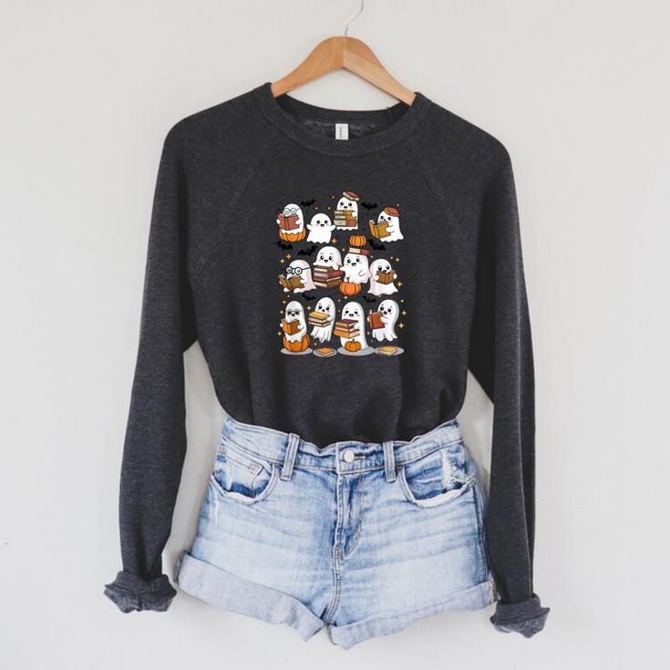 Cute Ghosts Reading Books Smart Book Lover Halloween Raglan Sleeve Sweatshirt