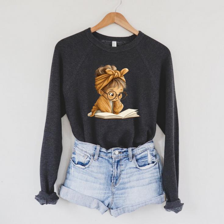 Cute Girl Open Book Reading Book Lover Graphic Round Glasses Raglan Sleeve Sweatshirt