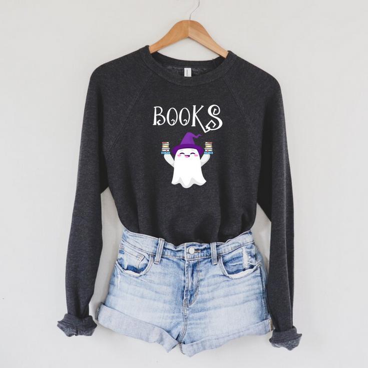 Cute Halloween Literacy Teacher Witch Reading Books Ghost Raglan Sleeve Sweatshirt
