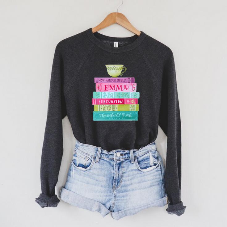 Jane Austen Book Stack Tea Fans Vintage Literary Premium Tri-Blend Raglan Sleeve Sweatshirt