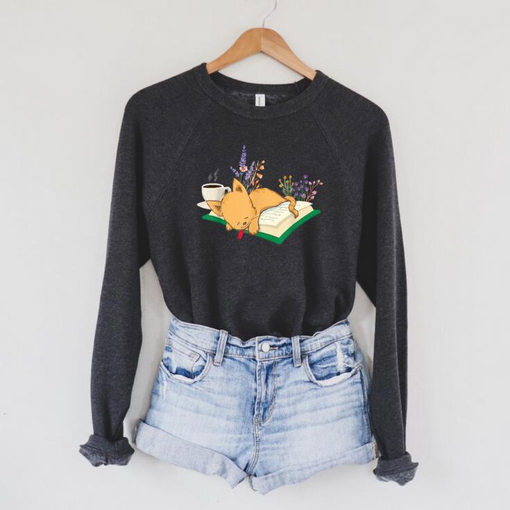 Kawaii Cat Women's Cat Books Flowers Raglan Sleeve Sweatshirt