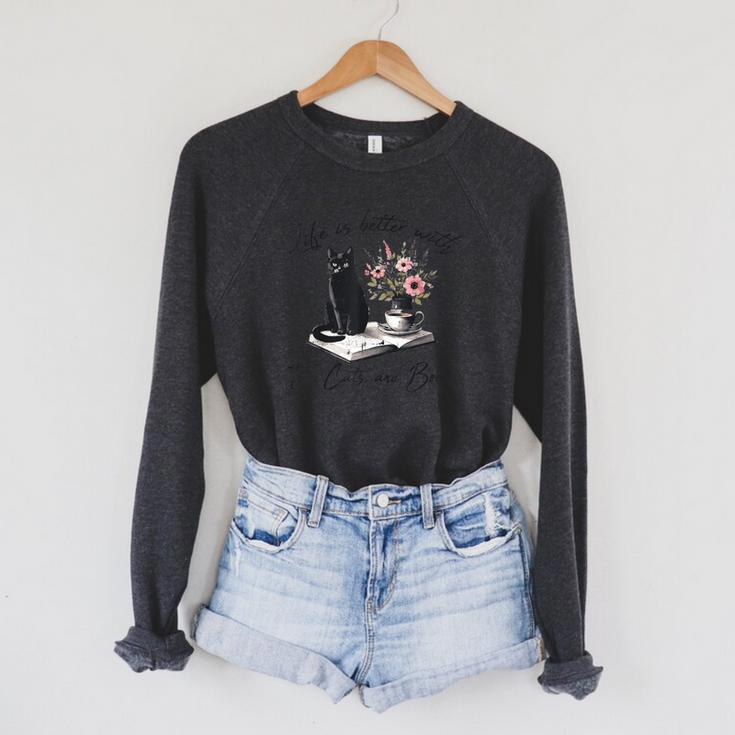 Life Better With 2 Cats Books Kitten Kitty Women Girls Kids Raglan Sleeve Sweatshirt