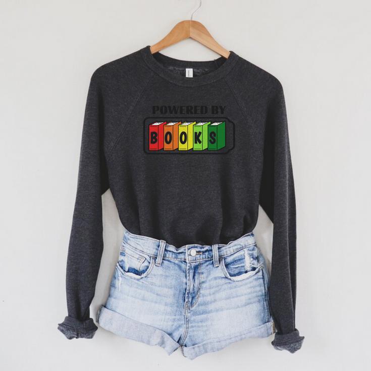 Powered By Books  Bookworm Librarian Reading Raglan Sleeve Sweatshirt