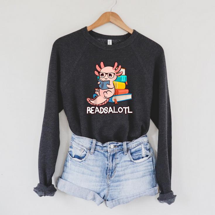 Readalotl a Kawaii Axolotl Reading a Book As Readsalotl Raglan Baseball Tee Raglan Sleeve Sweatshirt