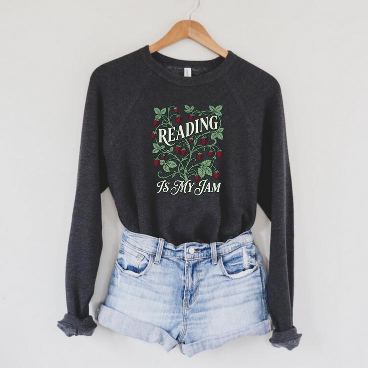Reading Is My Jam Book Lover Botanical Strawberry Art Comfort Colors Crop Top Raglan Sleeve Sweatshirt