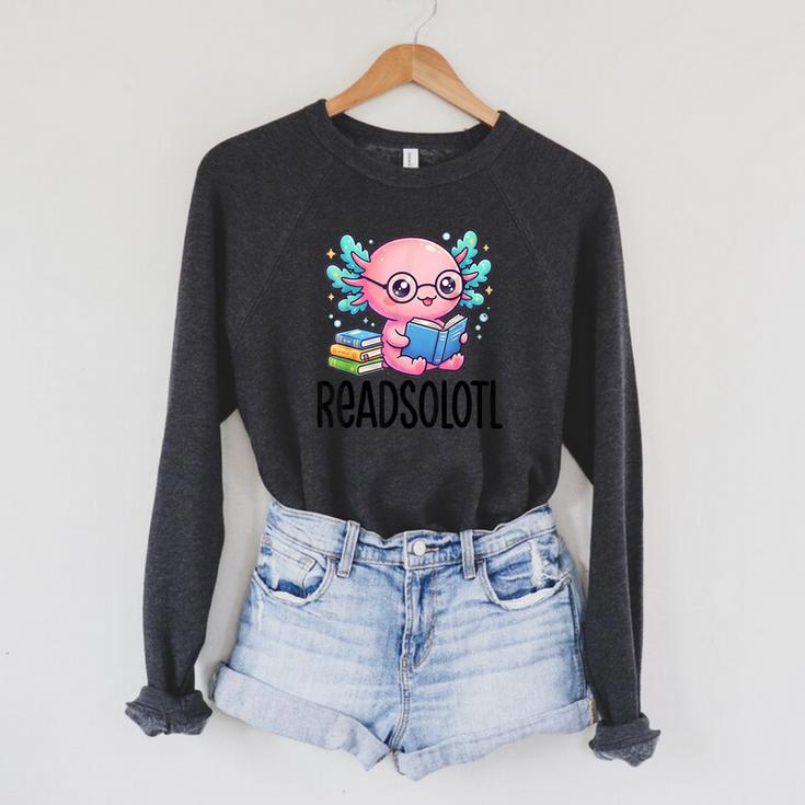 Readsolotl Cute Axolotl Reading Book Kawaii Pink Aesthetic Raglan Sleeve Sweatshirt