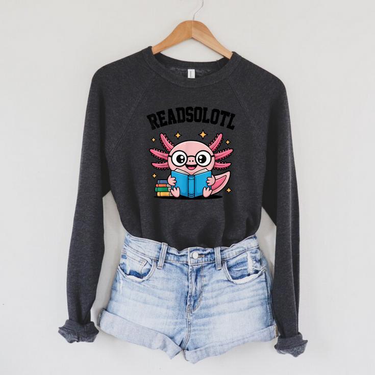 Readsolotl Pink Kawaii Axolotl Book Lover Reading Raglan Sleeve Sweatshirt