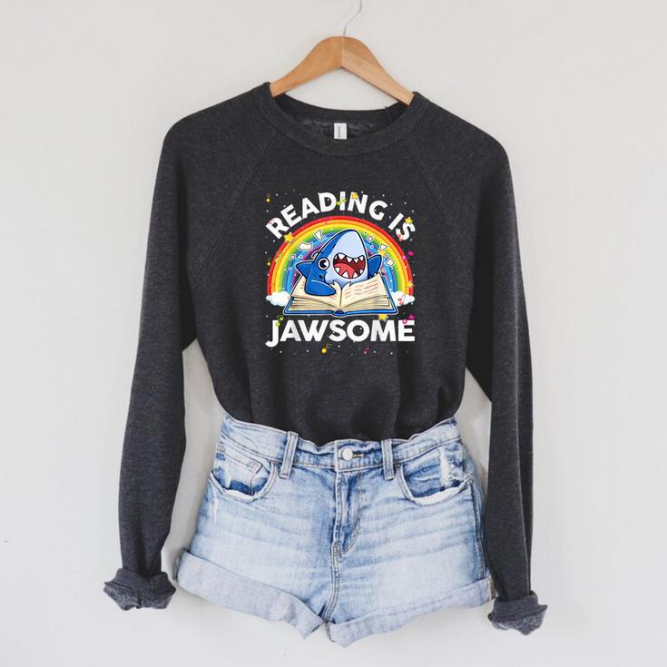 Shark Reading Is Jawsome Book Rainbow Kid Boys Toddler Raglan Sleeve Sweatshirt