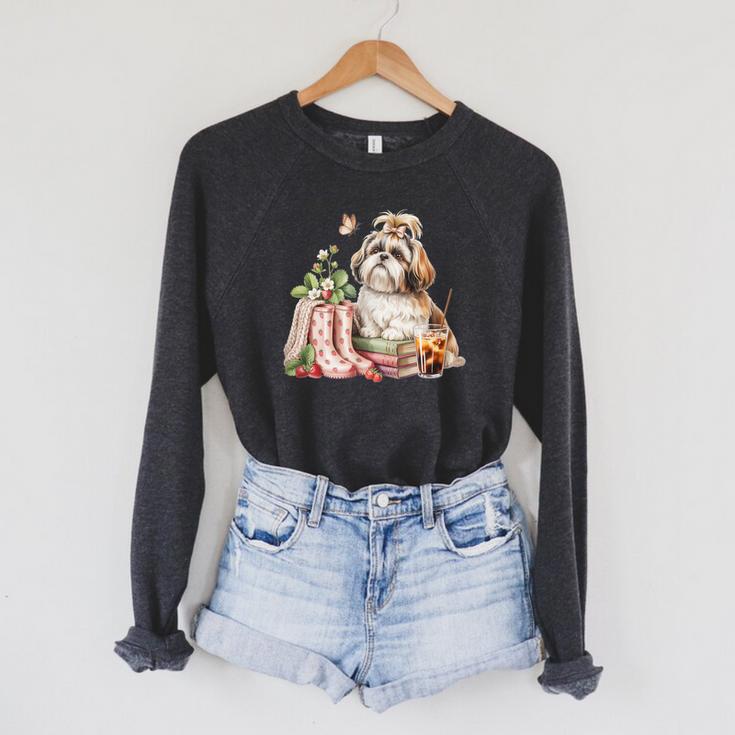 Shih Tzu Dog Garden Collections Books And Strawberries Raglan Sleeve Sweatshirt