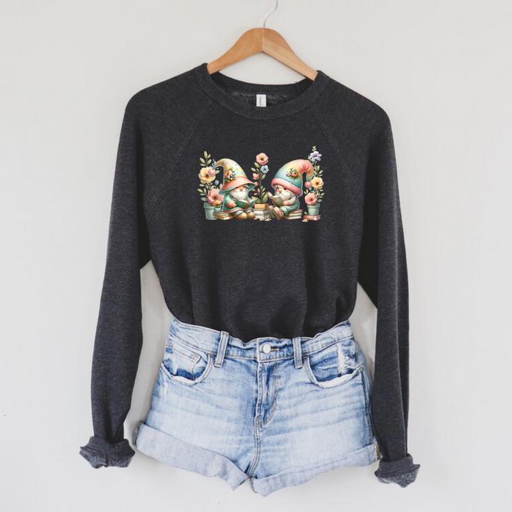 Teacher Gnome Motif Floral Stack Of Books Decor Cute Reading Raglan Sleeve Sweatshirt