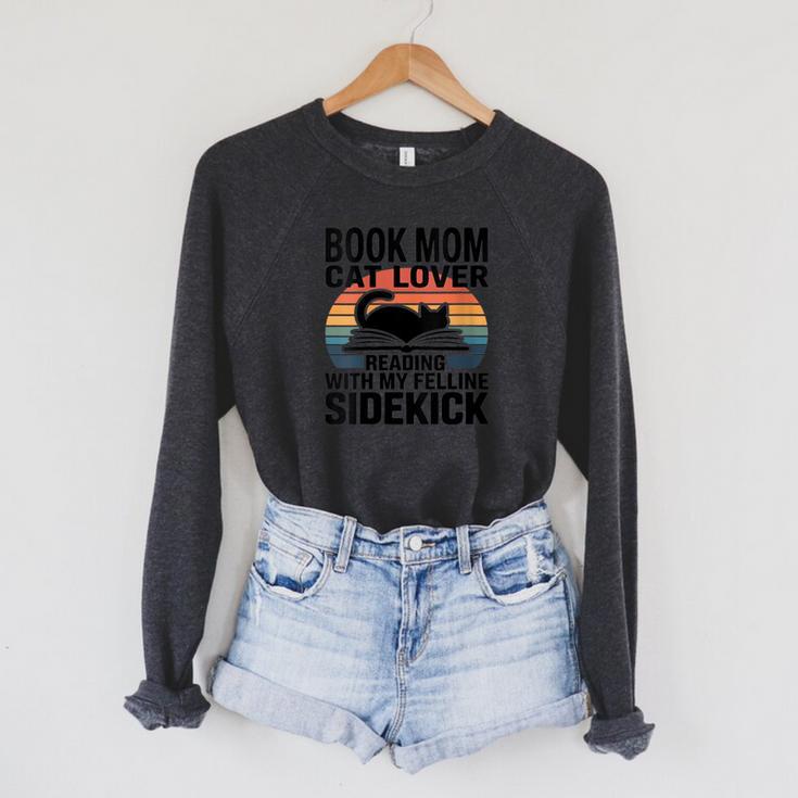 Women's Book Mom Cat Lover Reading With My Felline Sidekick Raglan Sleeve Sweatshirt