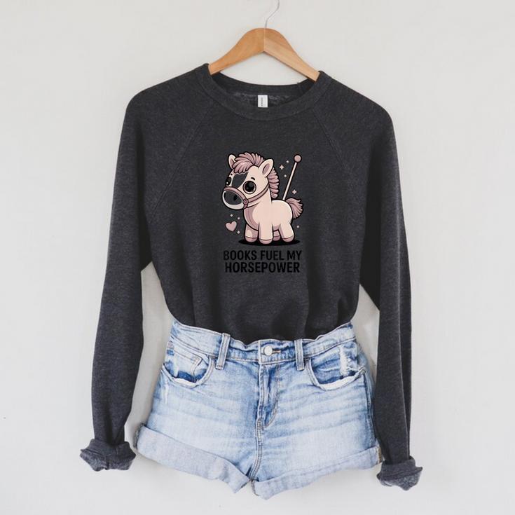 Women's Books Fuel My Horsepower Cute Reading Pony Raglan Sleeve Sweatshirt