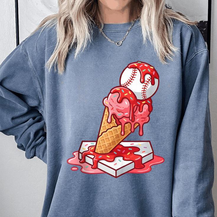 Baseball Ice Cream Drip Youth Strawberry Baseball Red Comfort Colors Sweatshirt