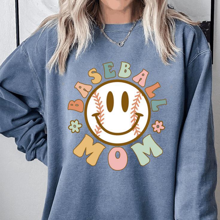 Happy Baseball Mom Groovy Retro Floral Smiling Face Comfort Colors Sweatshirt