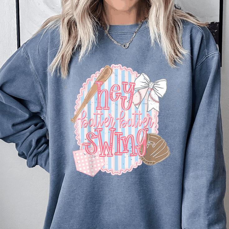 Hey Batter Batter Swing Baseball Game Day Coquette Bow Girly Comfort Colors Sweatshirt Hey Batter Batter Swing Baseball Game Day Coquette Bow Girly Comfort Colors Sweatshirt