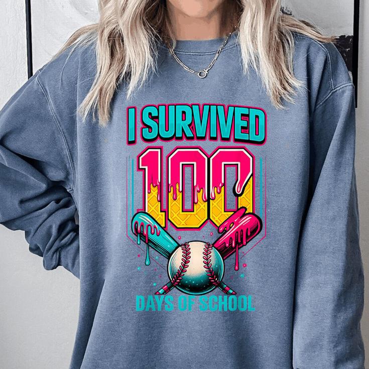 HUGvyn I Survived 100 Days Baseball Teacher Ice Cream Drip Comfort Colors Sweatshirt HUGvyn I Survived 100 Days Baseball Teacher Ice Cream Drip Comfort Colors Sweatshirt