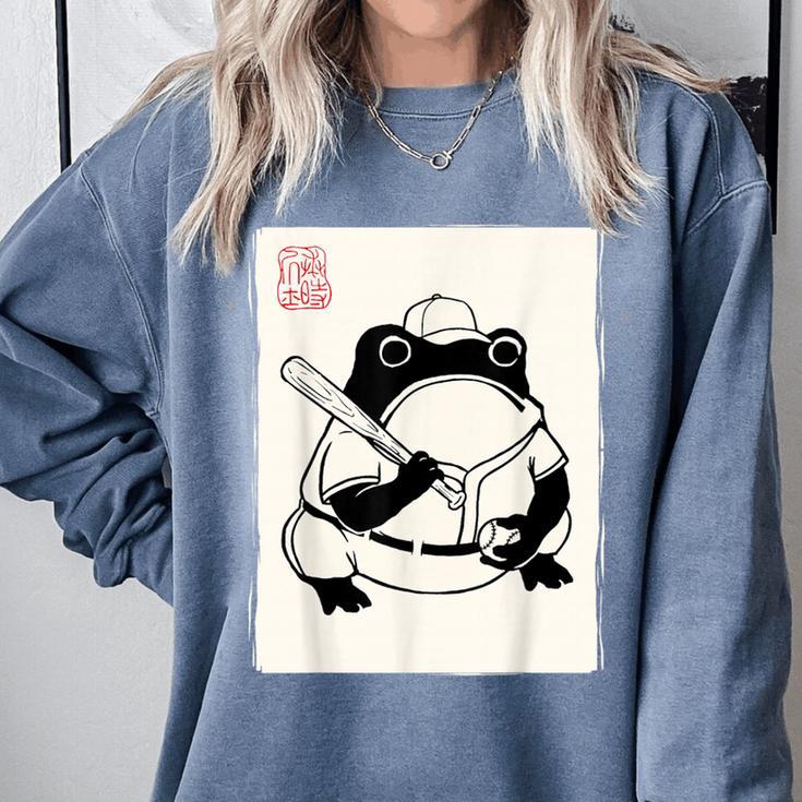 Japanese Grumpy Frog Baseball Player Baseball Comfort Colors Sweatshirt