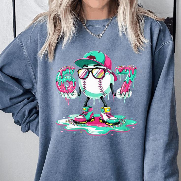 Women's 67 Meme Six Seven 6 7 Meme Baseball Ice Cream Drip Comfort Colors Sweatshirt Women's 67 Meme Six Seven 6 7 Meme Baseball Ice Cream Drip Comfort Colors Sweatshirt