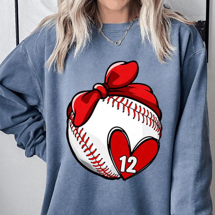 Womens Custom Baseball Mom Number 12 Heart For Mom Mommy Premium Comfort Colors Sweatshirt Womens Custom Baseball Mom Number 12 Heart For Mom Mommy Premium Comfort Colors Sweatshirt