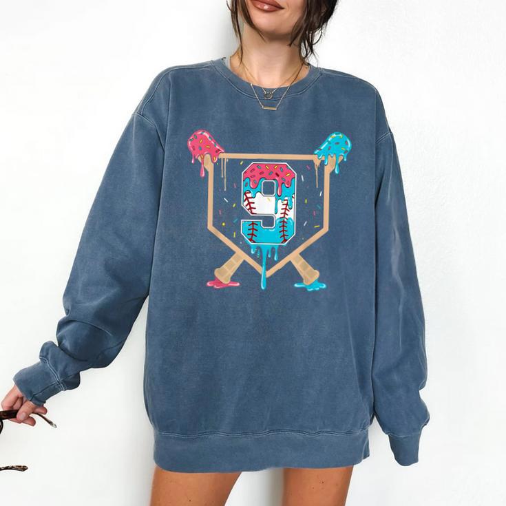 Baseball 9 Year Old Ice Cream Drip 9th Birthday Boys Player Comfort Colors Sweatshirt