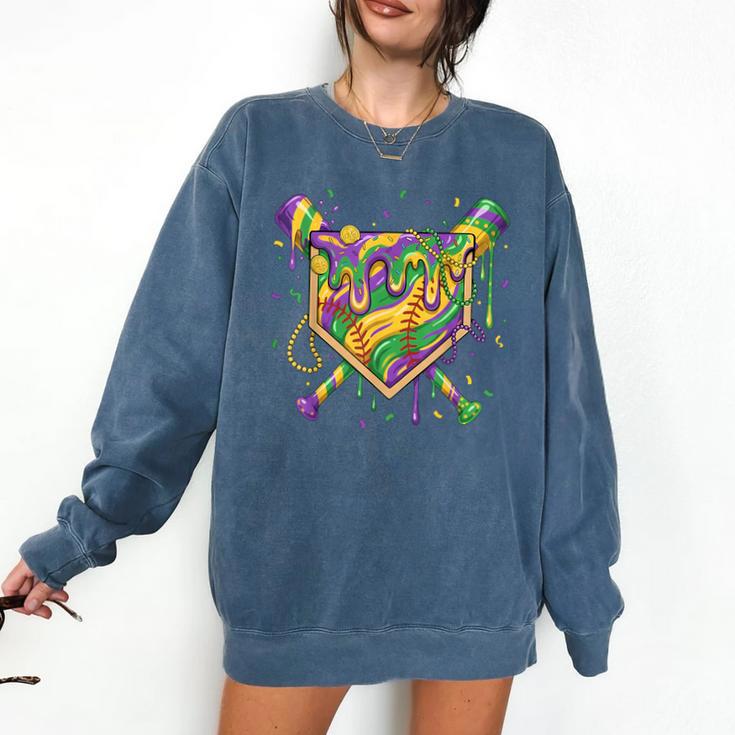Baseball Mardi Gras Home Plate Ice Cream Drip Carnival Mask Comfort Colors Sweatshirt