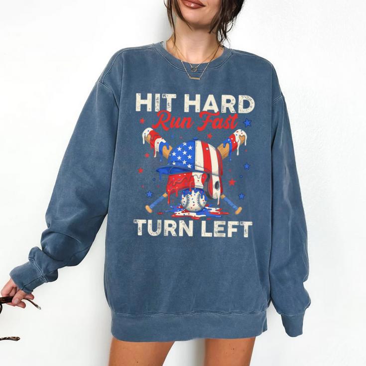 Hit Hard Run Fast Turn Left Baseball Cream Drip Crossed Bats Comfort Colors Sweatshirt