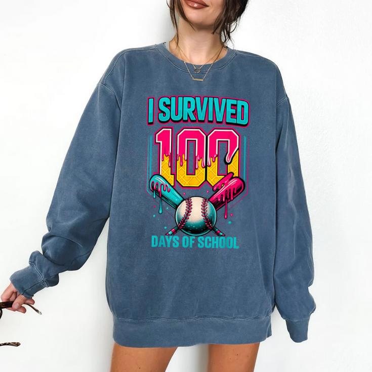 HUGvyn I Survived 100 Days Baseball Teacher Ice Cream Drip Comfort Colors Sweatshirt