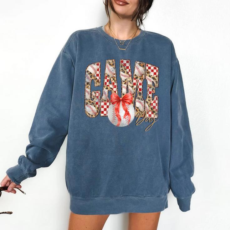 Leopard Checkered Game Day Baseball Coquette Bow Women Girls Comfort Colors Sweatshirt