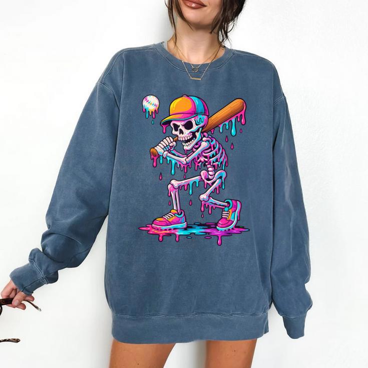 Skelton Playing Baseball Halloween Baseball Drip Boys Kids Comfort Colors Sweatshirt