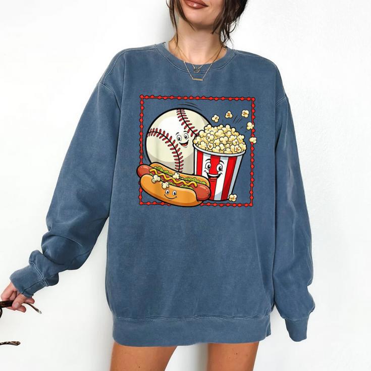 Smiling Baseball Popcorn And Hot-Dog Cartoon Apparel Comfort Colors Sweatshirt