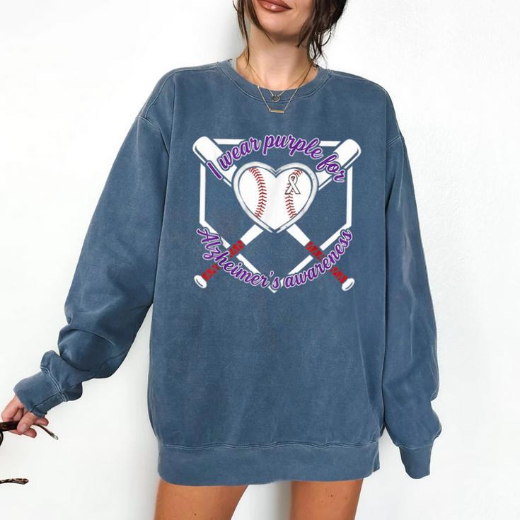 I Wear Purple For Alzheimers Awareness Baseball Heart Ribbon Comfort Colors Sweatshirt