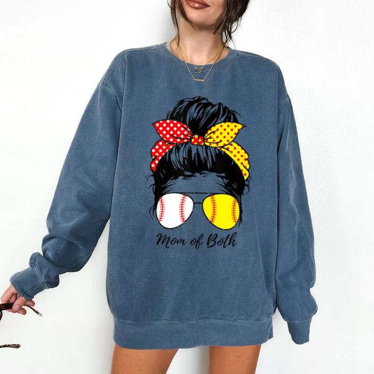 Baseball Mom Softball Mom Of Both Messy Bun Mother's Day Comfort Colors Sweatshirt