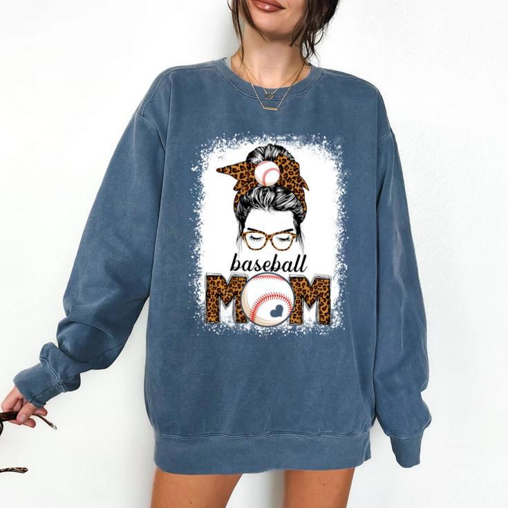 Baseball Mom Women Messy Bun Leopard Mother's Day Comfort Colors Sweatshirt