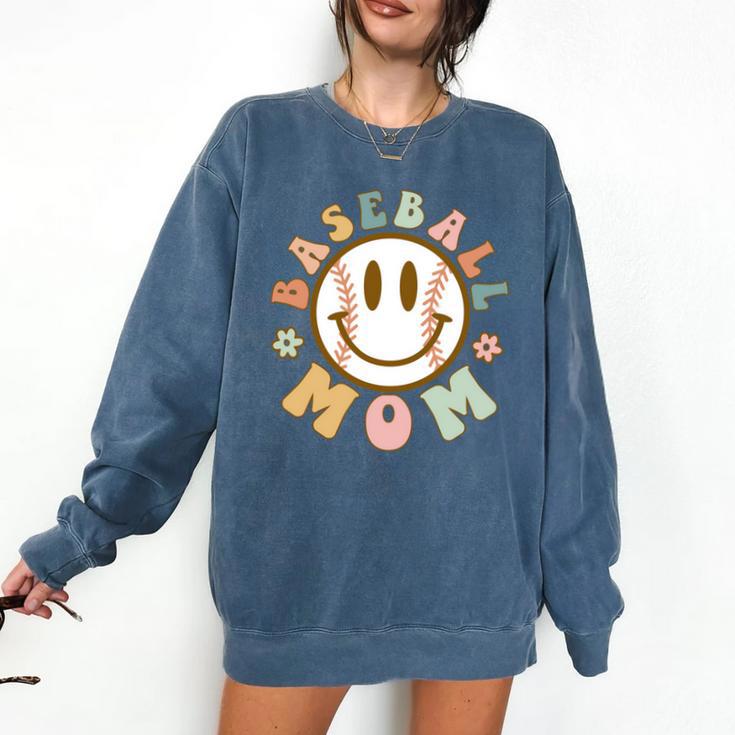Happy Baseball Mom Groovy Retro Floral Smiling Face Comfort Colors Sweatshirt