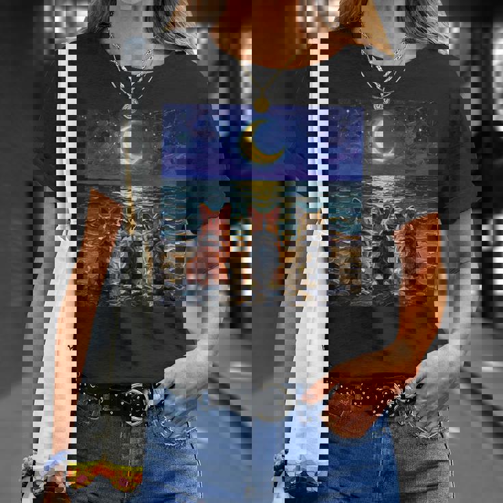 3 コーギーの夜のビーチかわいい犬と三日月のアートワーク Tシャツ 彼女への贈り物