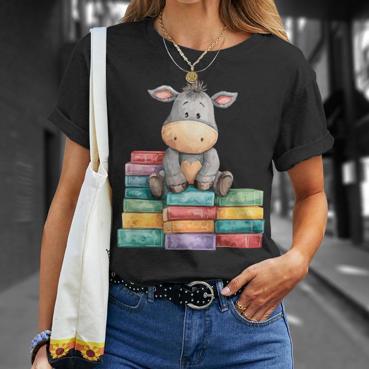 Adorable Donkey With Heart Sitting On Colorful Book Stack T-Shirt Gifts for Her