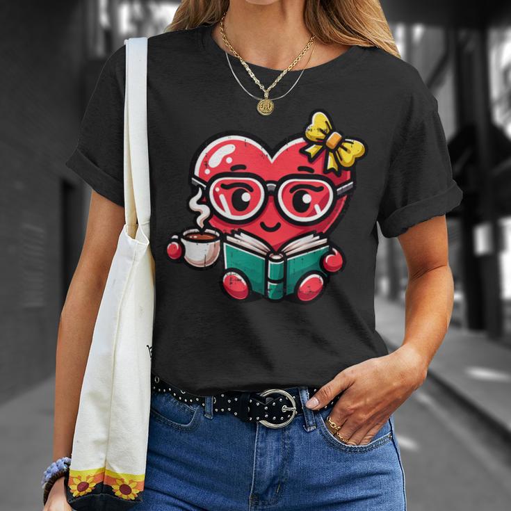 Book Coffee Valentines Cute Heart Lover Women Girl T-Shirt Gifts for Her