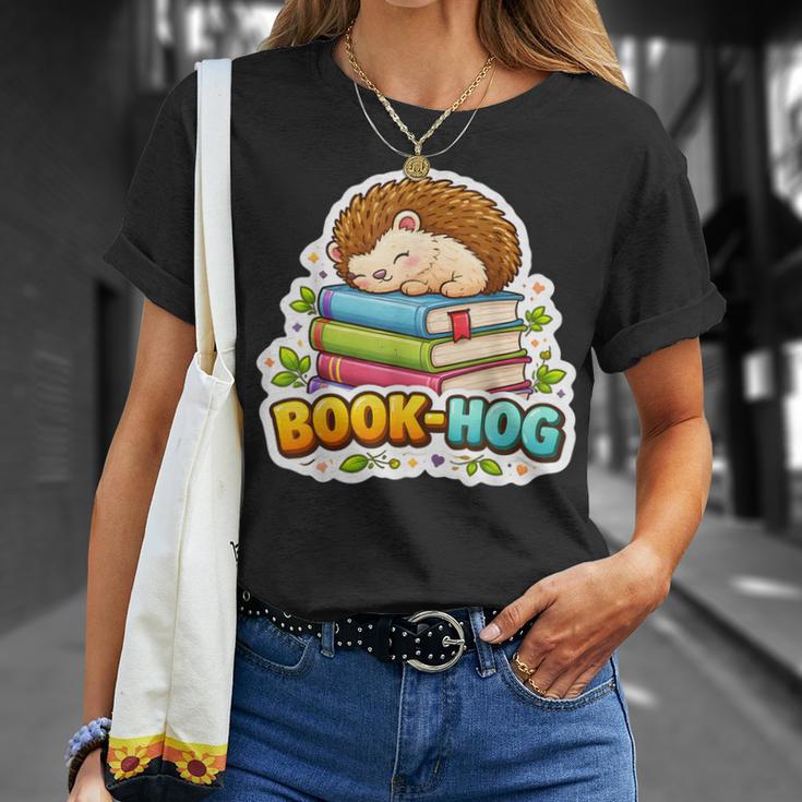 Book Hog Lover Hedgehog Owner Erinaceinae Bookworm Pun Joke T-Shirt Gifts for Her