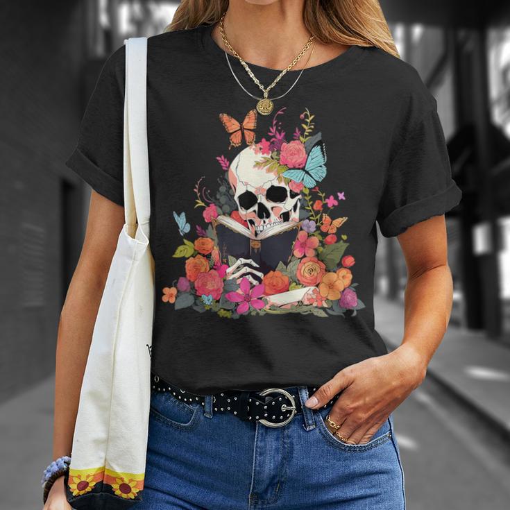 Book Reading Skull Skeleton Flowers Floral Bookish Butterfly T-Shirt Gifts for Her
