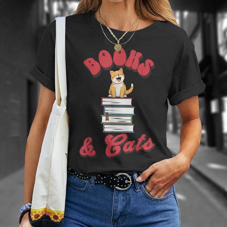 Books And Cats Book Lovers Cat Lovers Teacher Writer T-Shirt Gifts for Her
