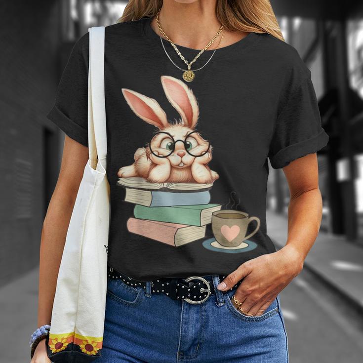 Bunny With Books And Coffee Reading Booknerd Bookish Easter T-Shirt Gifts for Her