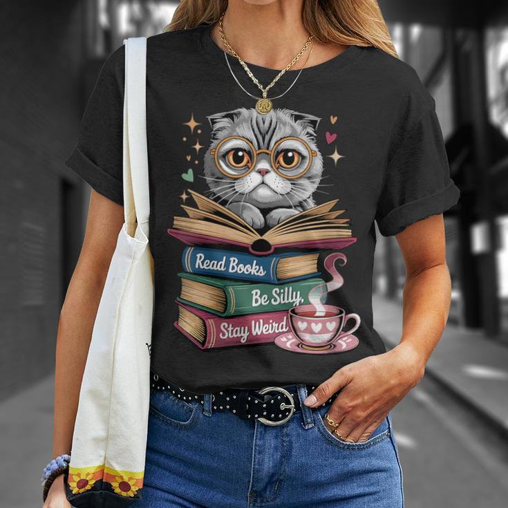 Cat Read Books Be Kind Stay Weird Library Book Lover T-Shirt Gifts for Her