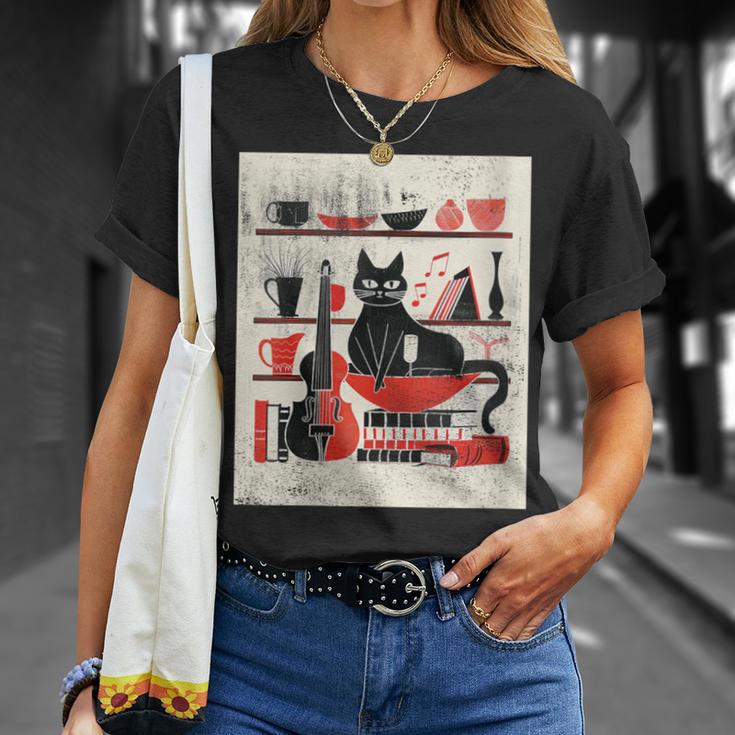Cats Music Books Lover Essentials Red Retro Silkscreen T-Shirt Gifts for Her