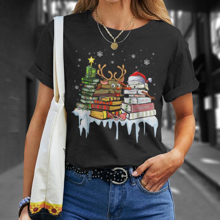 Christmas Tree Snowman Reindeer Book Stack Librarian T-Shirt Gifts for Her