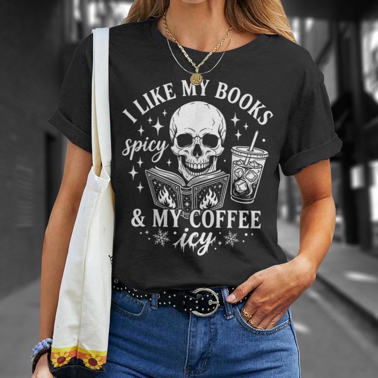 Coffee Skeleton I Like My Books Spicy And My Coffee ICY T-Shirt Gifts for Her