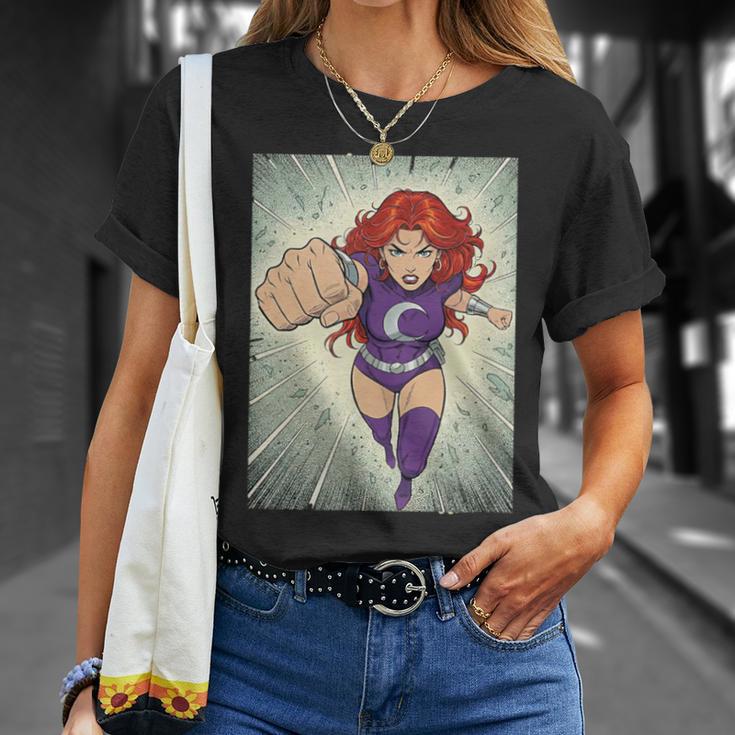 The Crimson Crescent 90s Retro Comic Book Superheroine Art T-Shirt Gifts for Her