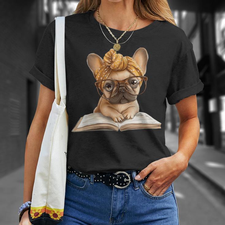 Cute Bulldog Reading Dog Book Lover Animal Graphic French T-Shirt Gifts for Her